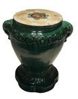 Colorful glazed ceramic Annamese garden seat or side table with ornate flower and leaf designs, handles, round lid.