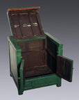 Antique green lacquer cabinet with open seat lid and front doors, showing empty storage space inside.