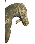 Faded painted wood Chinese merchant sculpture, weathered, missing base, side view.
