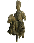 Brown wood Chinese merchant statue on horse, hand carved, weathered, missing base, isolated on white background.
