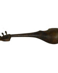 Brown hand-carved wooden Indian lute or sitar with rounded body and handle shaped like a hand with three raised fingers.