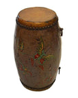 Red and gold hand-painted antique Chinese drum with leather top, butterfly motifs, and floral designs on sides.