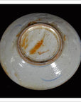 Close-up of white glazed porcelain plate underside with brown stains, circular foot ring, and hand painted designs.