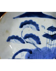 Blue and white porcelain plate with hand painted landscape, trees, and pagoda, close-up view.