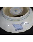 Close-up of blue and white porcelain bowl underside with hand painted butterfly motif, Imari style.