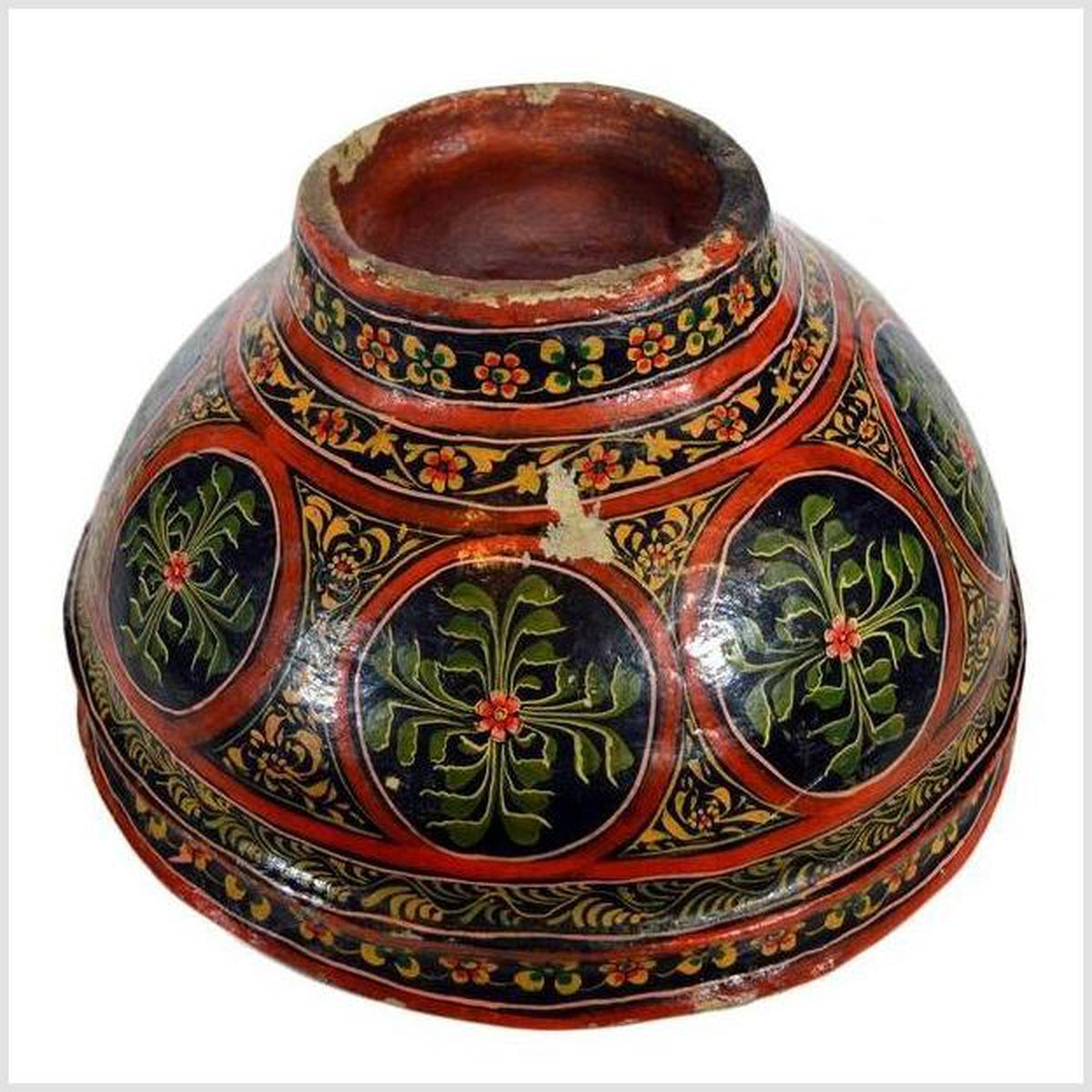 Antique Hand-Painted Paper Mache Indian Flower Bowl from the 19th Century-3. Asian & Chinese Furniture, Art, Antiques, Vintage Home Décor for sale at FEA Home