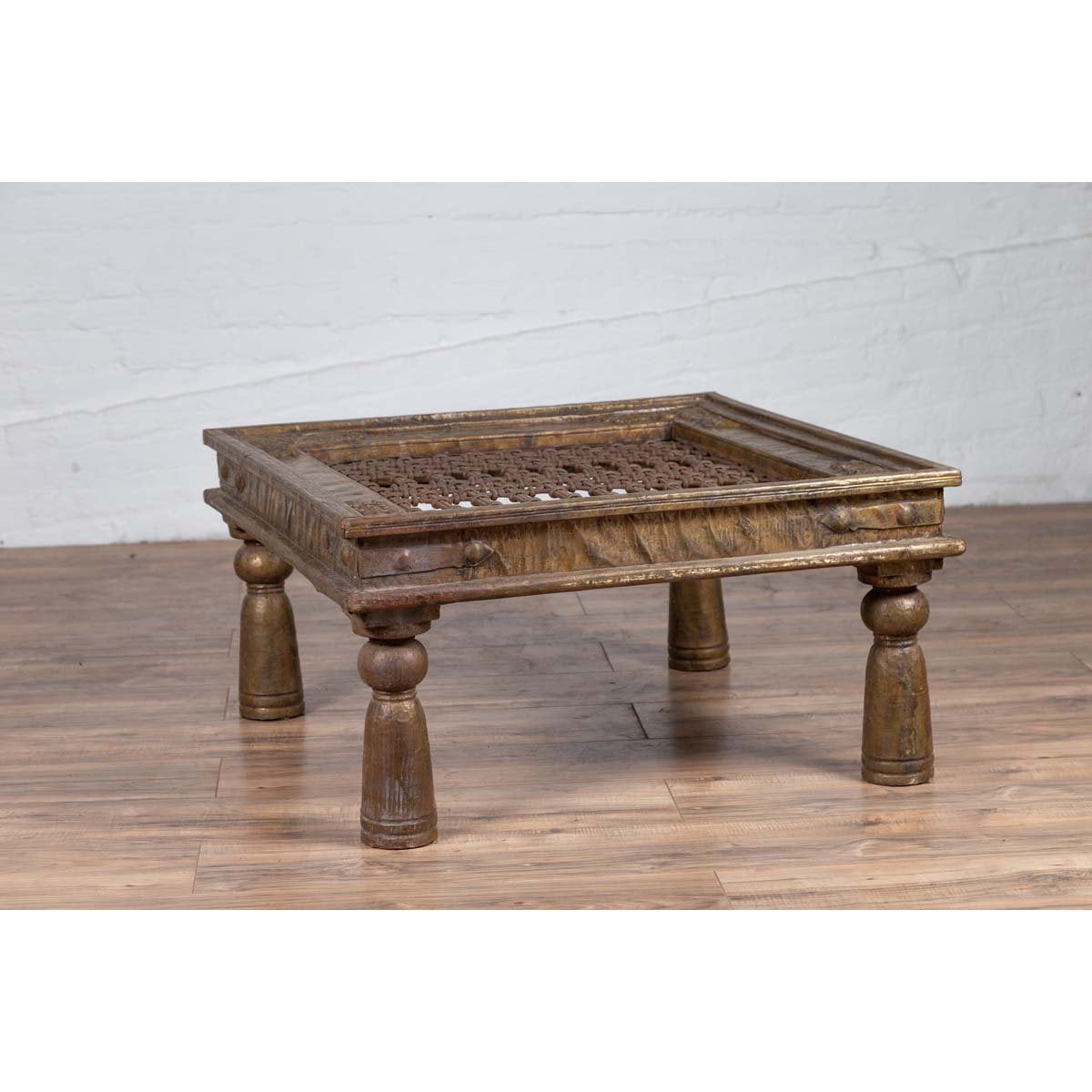 Antique Indian Brass Window Grate Coffee Table with Iron Geometric Design-11. Asian & Chinese Furniture, Art, Antiques, Vintage Home Décor for sale at FEA Home