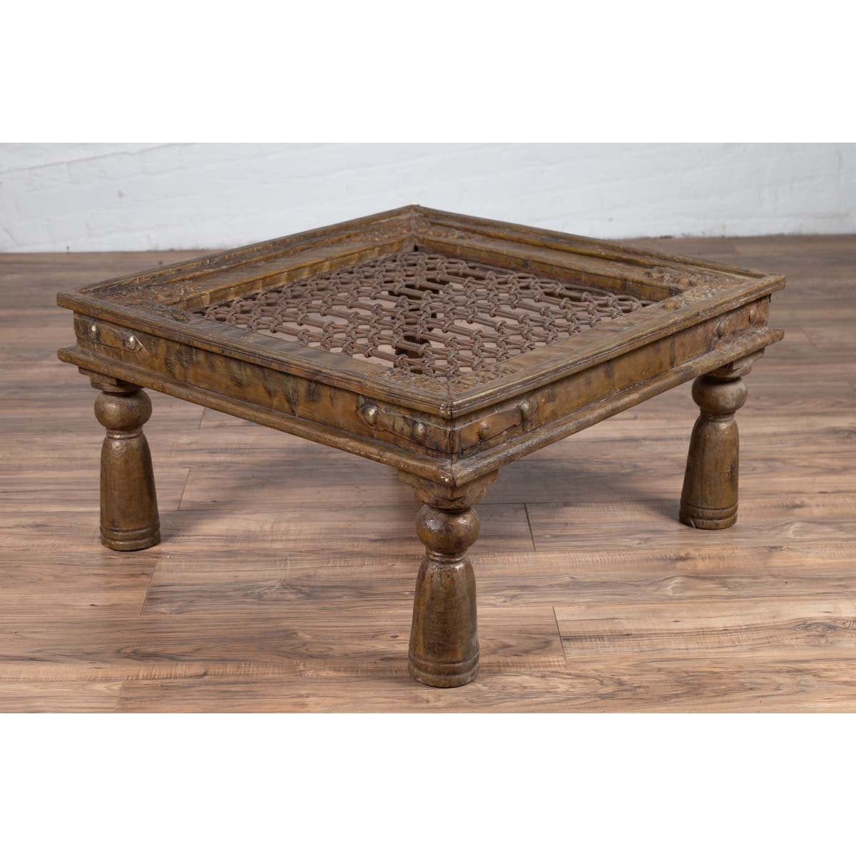 Antique Indian Brass Window Grate Coffee Table with Iron Geometric Design-14. Asian & Chinese Furniture, Art, Antiques, Vintage Home Décor for sale at FEA Home