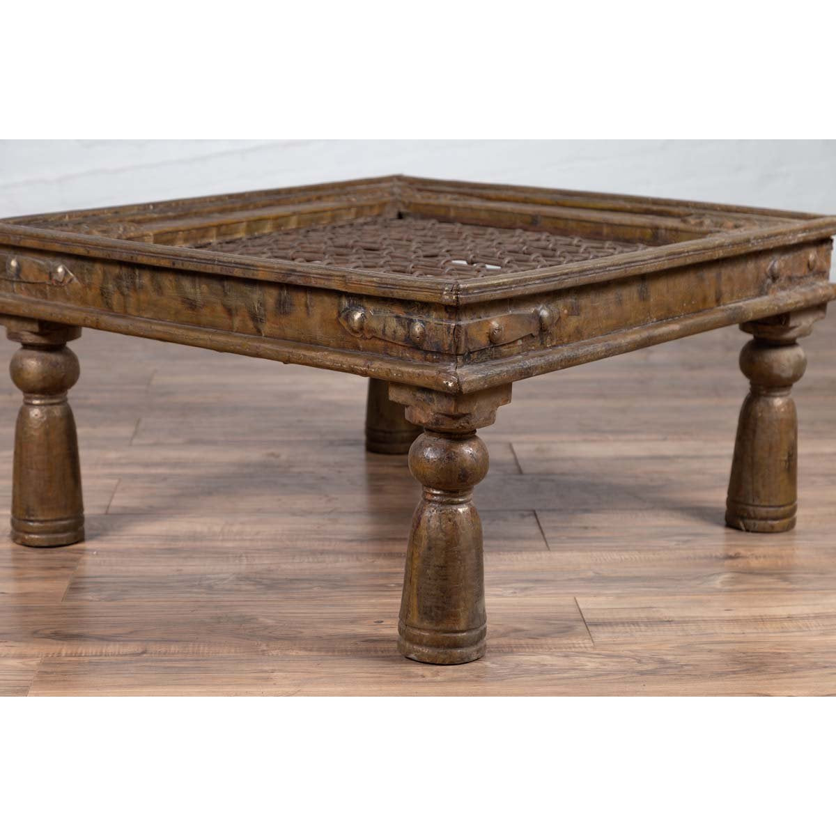 Antique Indian Brass Window Grate Coffee Table with Iron Geometric Design-15. Asian & Chinese Furniture, Art, Antiques, Vintage Home Décor for sale at FEA Home