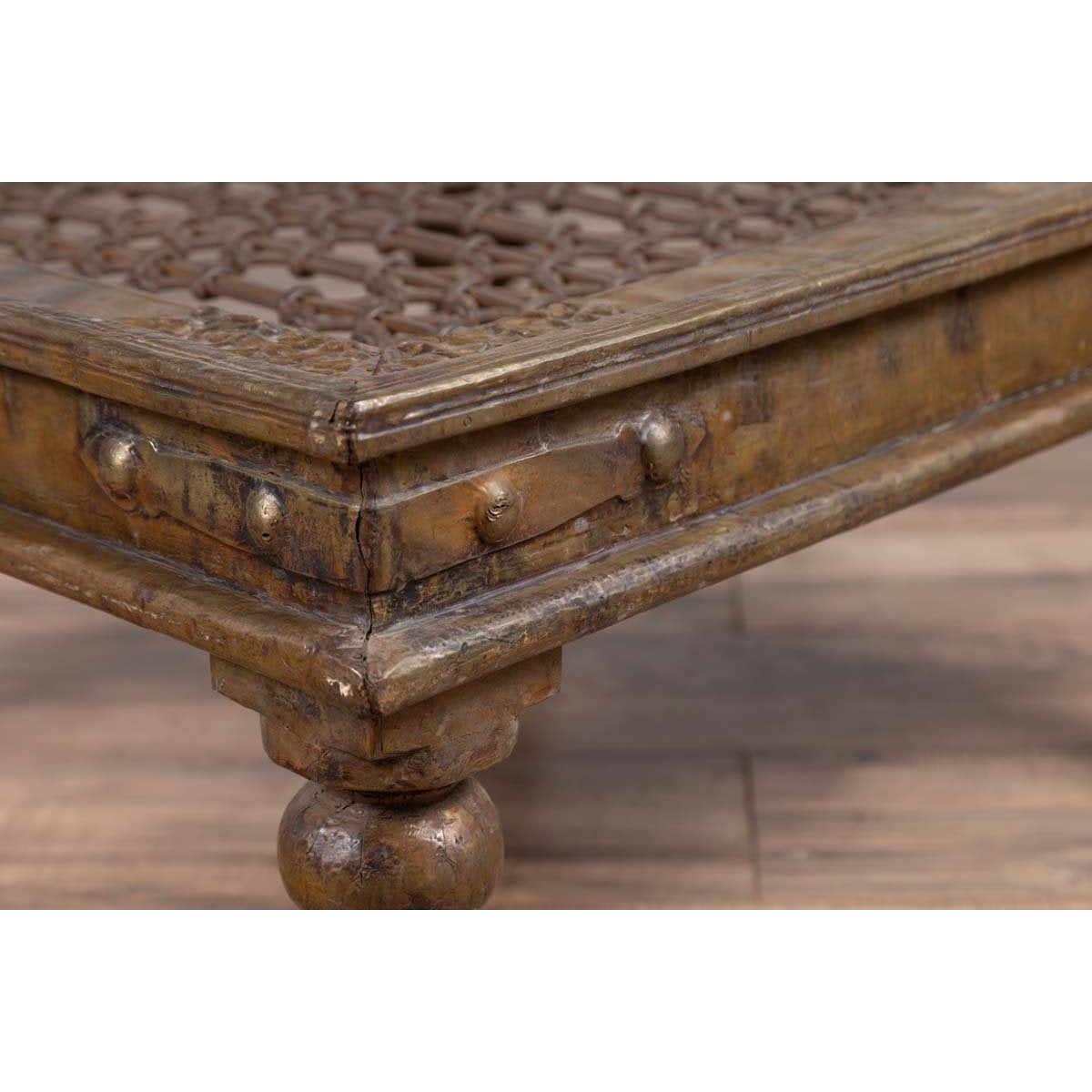 Antique Indian Brass Window Grate Coffee Table with Iron Geometric Design-16. Asian & Chinese Furniture, Art, Antiques, Vintage Home Décor for sale at FEA Home