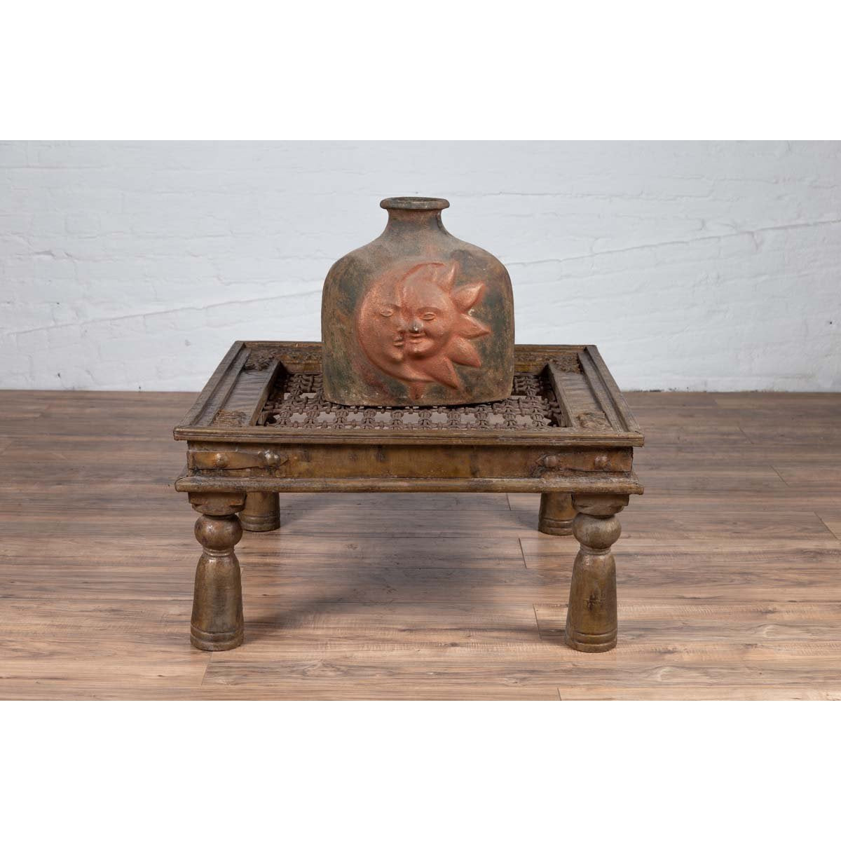 Antique Indian Brass Window Grate Coffee Table with Iron Geometric Design-3. Asian & Chinese Furniture, Art, Antiques, Vintage Home Décor for sale at FEA Home