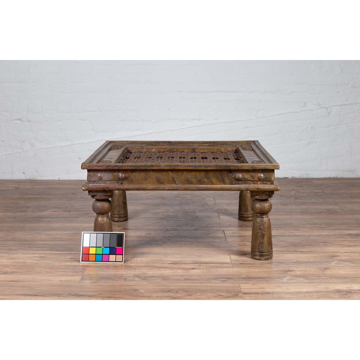Antique Indian Brass Window Grate Coffee Table with Iron Geometric Design-4. Asian & Chinese Furniture, Art, Antiques, Vintage Home Décor for sale at FEA Home