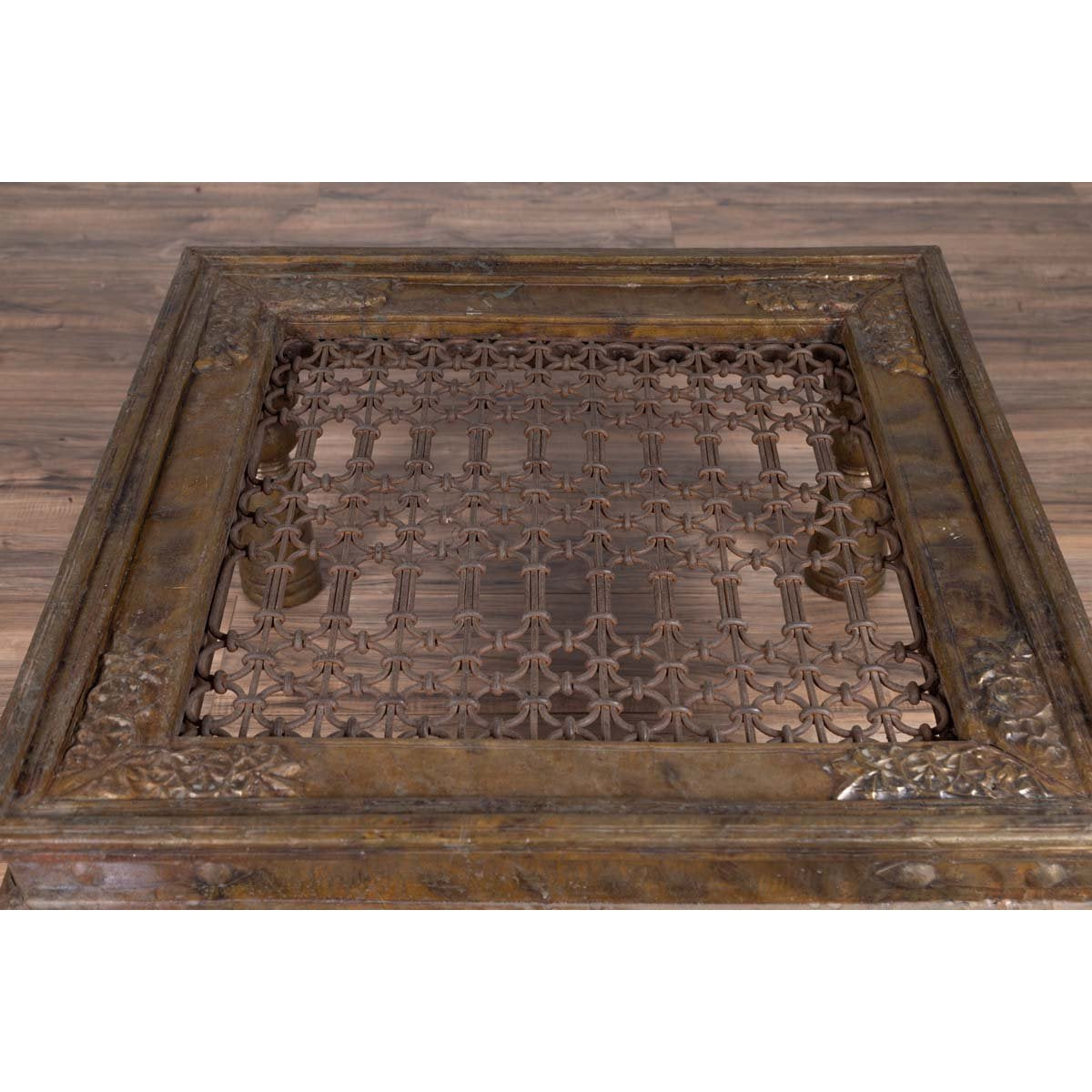 Antique Indian Brass Window Grate Coffee Table with Iron Geometric Design-5. Asian & Chinese Furniture, Art, Antiques, Vintage Home Décor for sale at FEA Home
