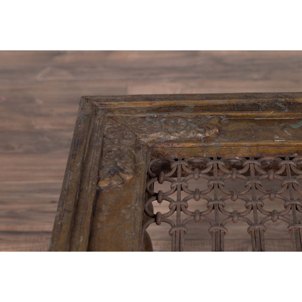 Antique Indian Brass Window Grate Coffee Table with Iron Geometric Design-6. Asian & Chinese Furniture, Art, Antiques, Vintage Home Décor for sale at FEA Home