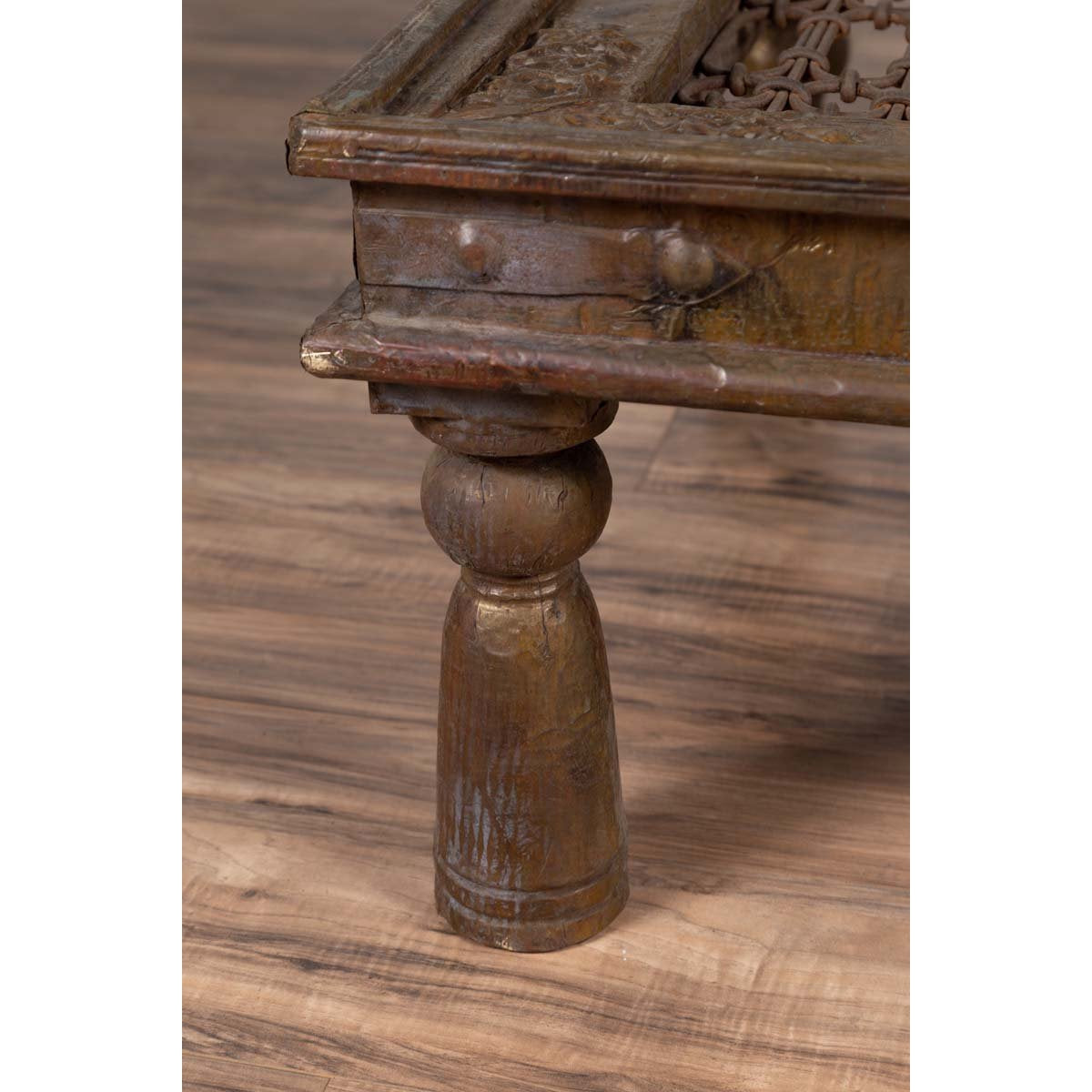Antique Indian Brass Window Grate Coffee Table with Iron Geometric Design-8. Asian & Chinese Furniture, Art, Antiques, Vintage Home Décor for sale at FEA Home