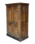 Brown wooden antique Indian cabinet with carved doors, rustic 19th-century style, weathered finish, front view.