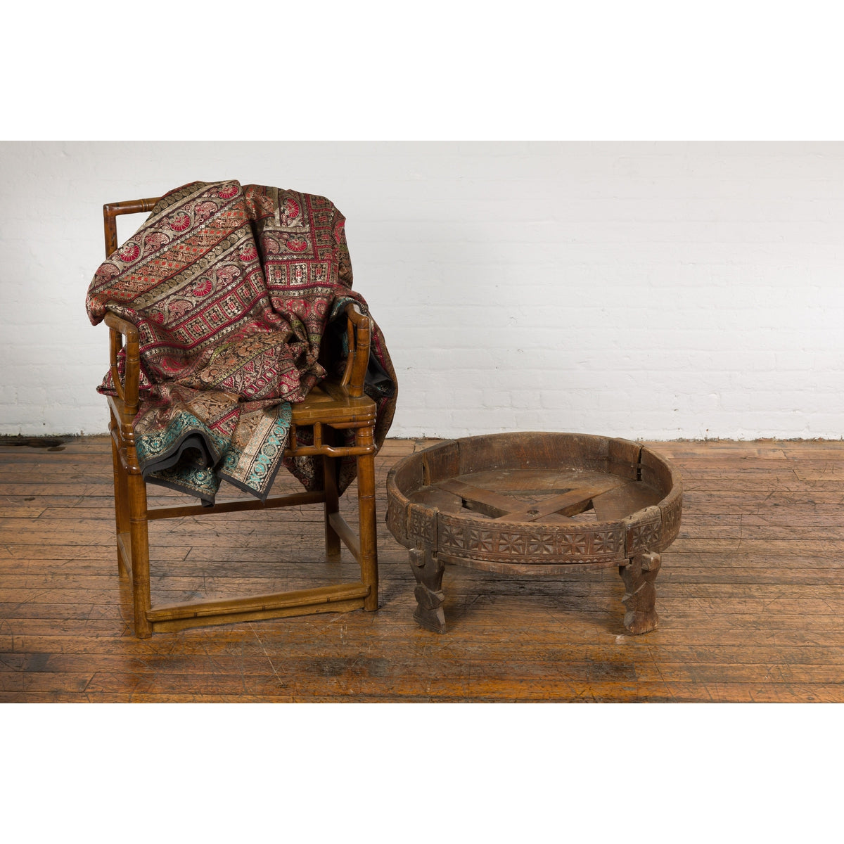 Antique Indian Chakki Grinding Table with Hand-Carved Geometric Décor-2. Asian & Chinese Furniture, Art, Antiques, Vintage Home Décor for sale at FEA Home
