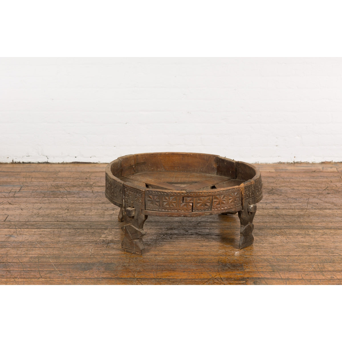 Antique Indian Chakki Grinding Table with Hand-Carved Geometric Décor-12. Asian & Chinese Furniture, Art, Antiques, Vintage Home Décor for sale at FEA Home