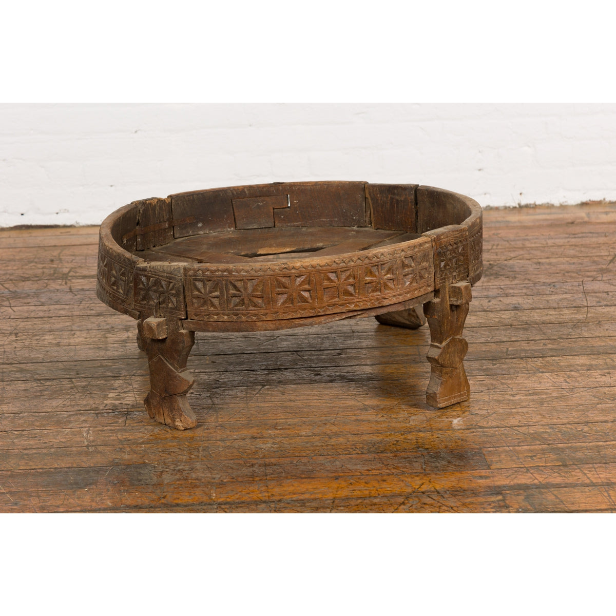 Antique Indian Chakki Grinding Table with Hand-Carved Geometric Décor-13. Asian & Chinese Furniture, Art, Antiques, Vintage Home Décor for sale at FEA Home