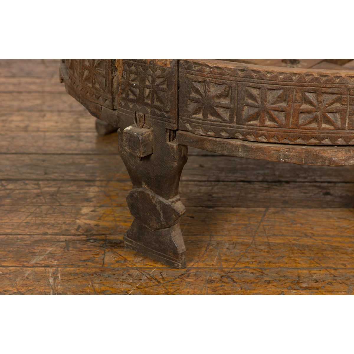 Antique Indian Chakki Grinding Table with Hand-Carved Geometric Décor-15. Asian & Chinese Furniture, Art, Antiques, Vintage Home Décor for sale at FEA Home