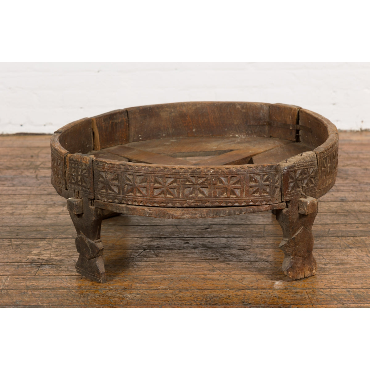 Antique Indian Chakki Grinding Table with Hand-Carved Geometric Décor-3. Asian & Chinese Furniture, Art, Antiques, Vintage Home Décor for sale at FEA Home