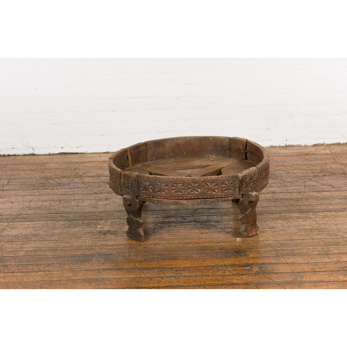 Antique Indian Chakki Grinding Table with Hand-Carved Geometric Décor-4. Asian & Chinese Furniture, Art, Antiques, Vintage Home Décor for sale at FEA Home