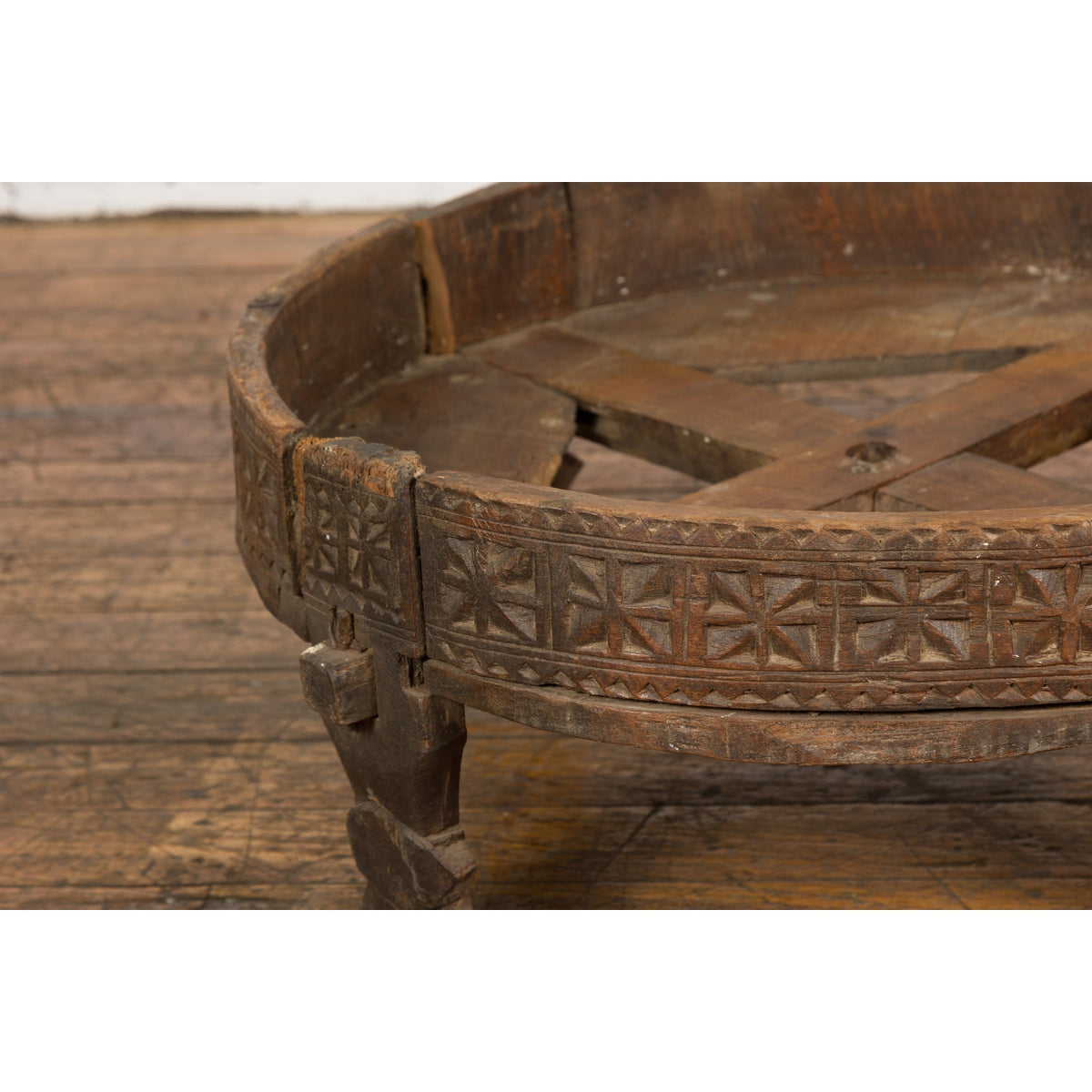 Antique Indian Chakki Grinding Table with Hand-Carved Geometric Décor-6. Asian & Chinese Furniture, Art, Antiques, Vintage Home Décor for sale at FEA Home