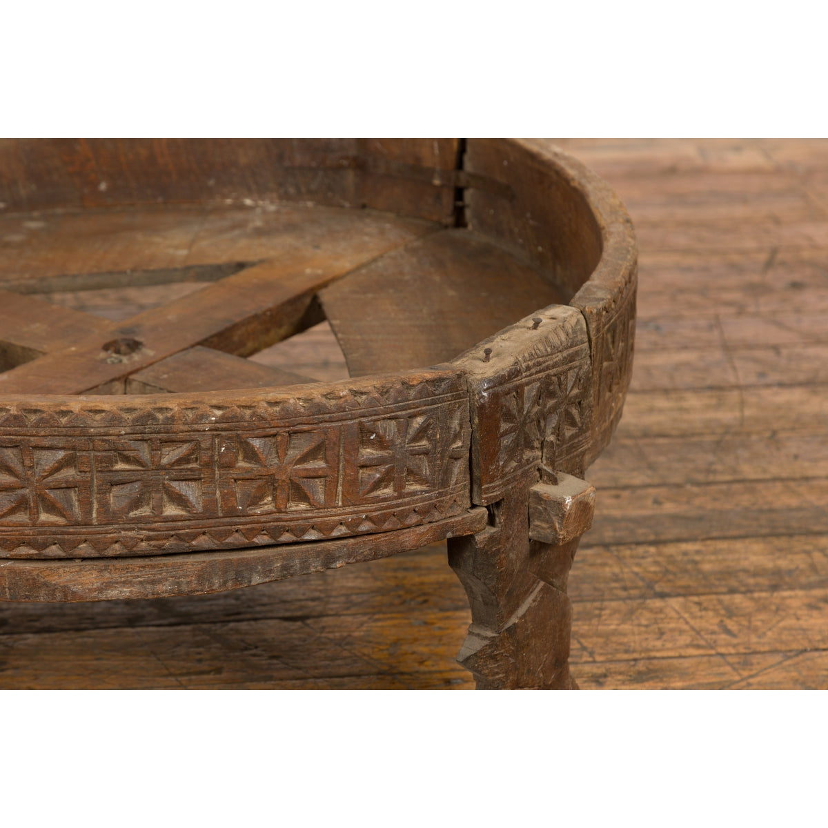 Antique Indian Chakki Grinding Table with Hand-Carved Geometric Décor-7. Asian & Chinese Furniture, Art, Antiques, Vintage Home Décor for sale at FEA Home