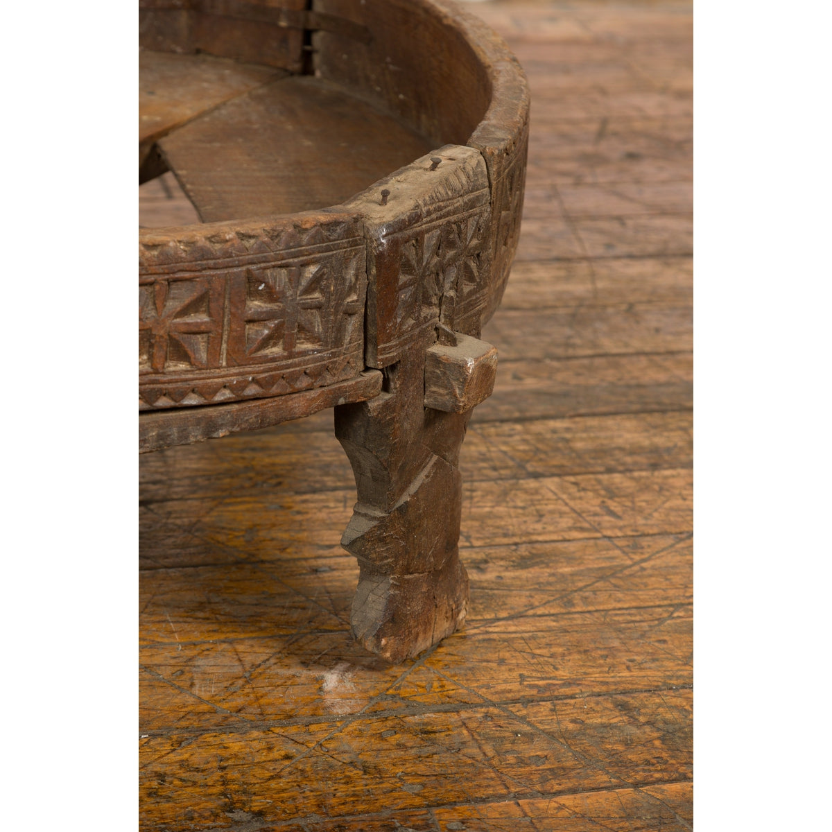 Antique Indian Chakki Grinding Table with Hand-Carved Geometric Décor-10. Asian & Chinese Furniture, Art, Antiques, Vintage Home Décor for sale at FEA Home