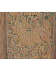 Brown wooden antique Indian door with detailed lion carving and ornate floral patterns, close-up view.