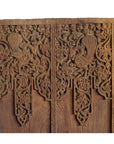 Brown Sheesham wood antique Indian door with symmetrical carved floral and bird motifs.