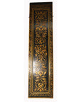 Black lacquered wooden door with gold floral motifs and gold border, rectangular panel, main object centered.
