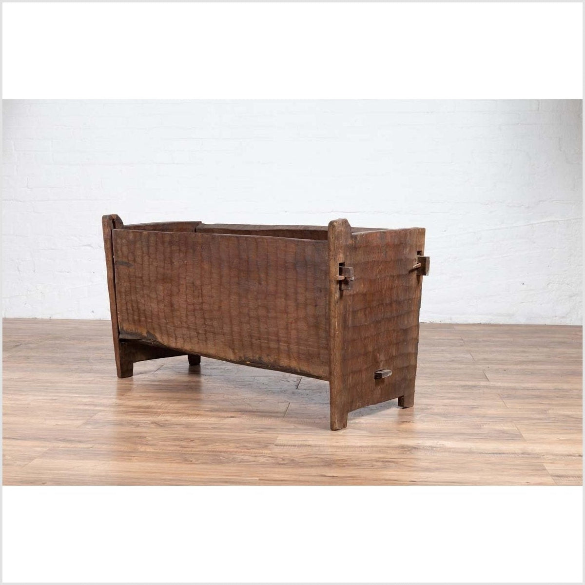 Antique Indian Rustic Wooden Planter Box with Weathered Patina and Chiseled Body-11. Asian & Chinese Furniture, Art, Antiques, Vintage Home Décor for sale at FEA Home