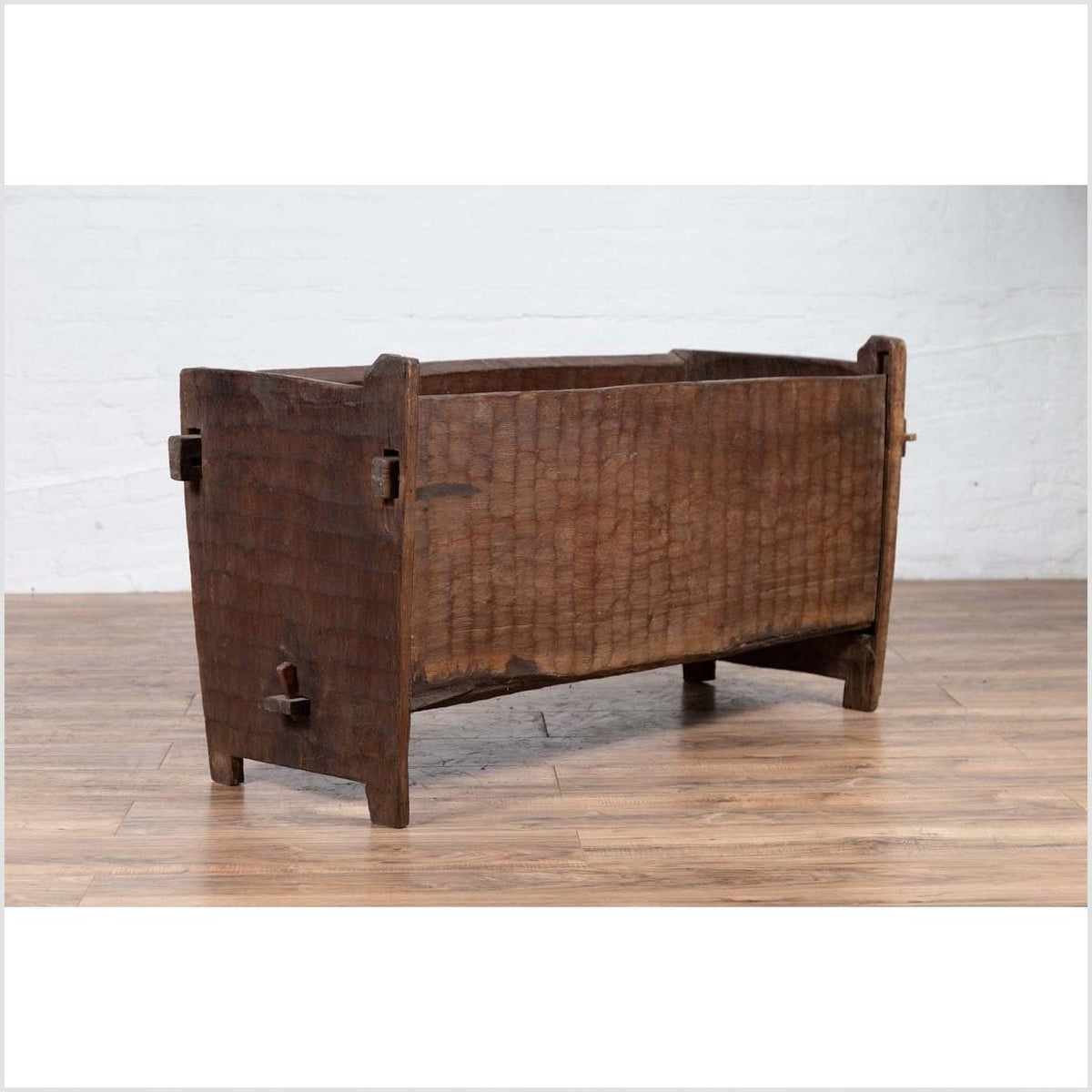 Antique Indian Rustic Wooden Planter Box with Weathered Patina and Chiseled Body-13. Asian & Chinese Furniture, Art, Antiques, Vintage Home Décor for sale at FEA Home