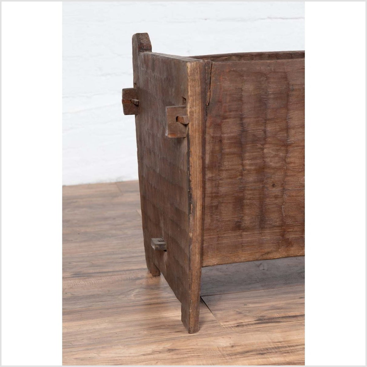 Antique Indian Rustic Wooden Planter Box with Weathered Patina and Chiseled Body-7. Asian & Chinese Furniture, Art, Antiques, Vintage Home Décor for sale at FEA Home