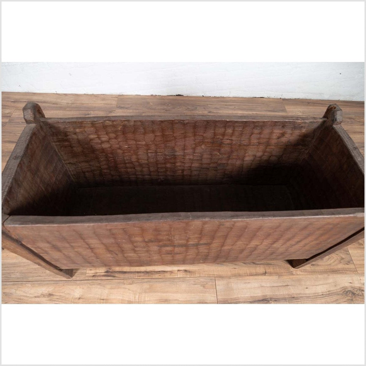 Antique Indian Rustic Wooden Planter Box with Weathered Patina and Chiseled Body-8. Asian & Chinese Furniture, Art, Antiques, Vintage Home Décor for sale at FEA Home