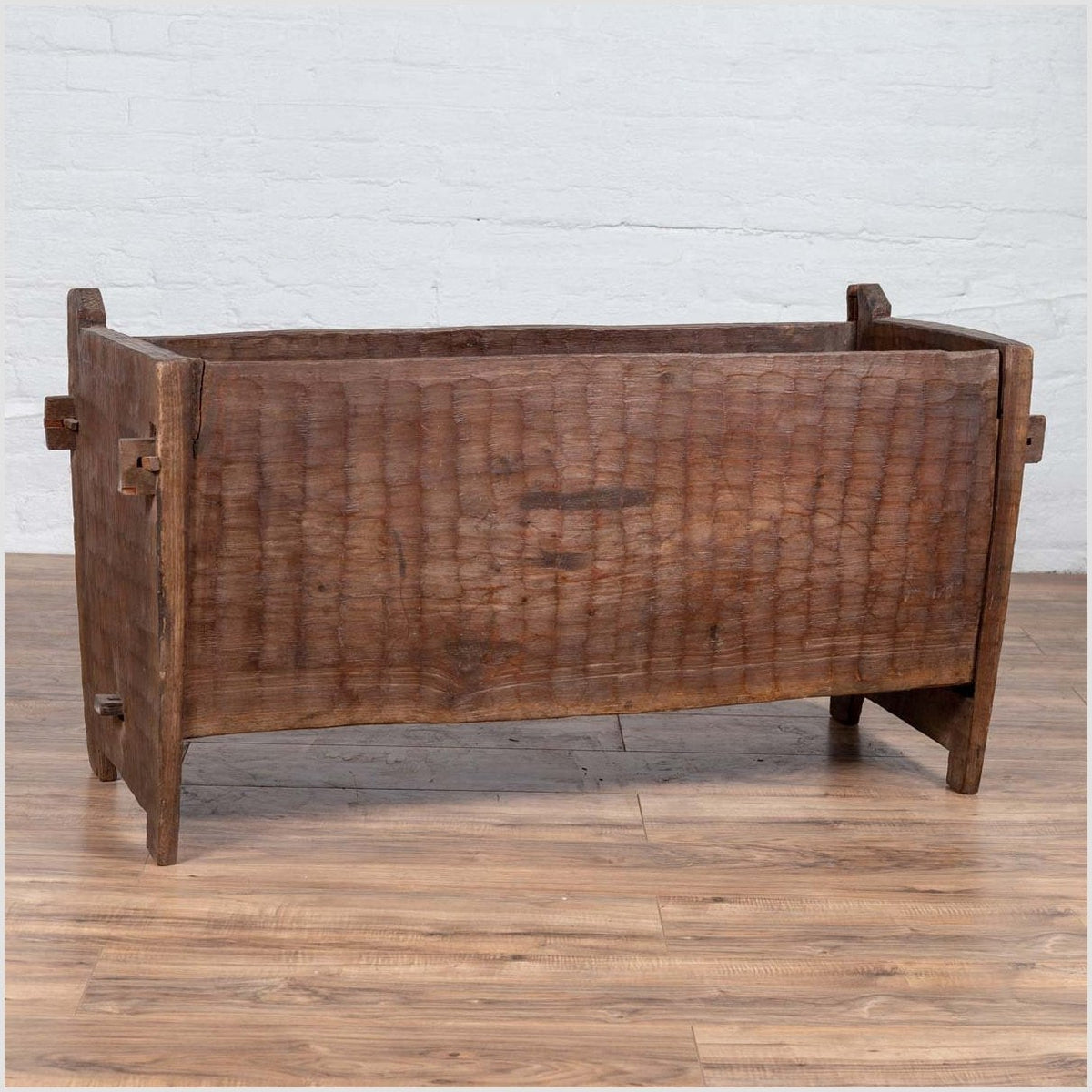 Antique Indian Rustic Wooden Planter Box with Weathered Patina and Chiseled Body-9. Asian & Chinese Furniture, Art, Antiques, Vintage Home Décor for sale at FEA Home