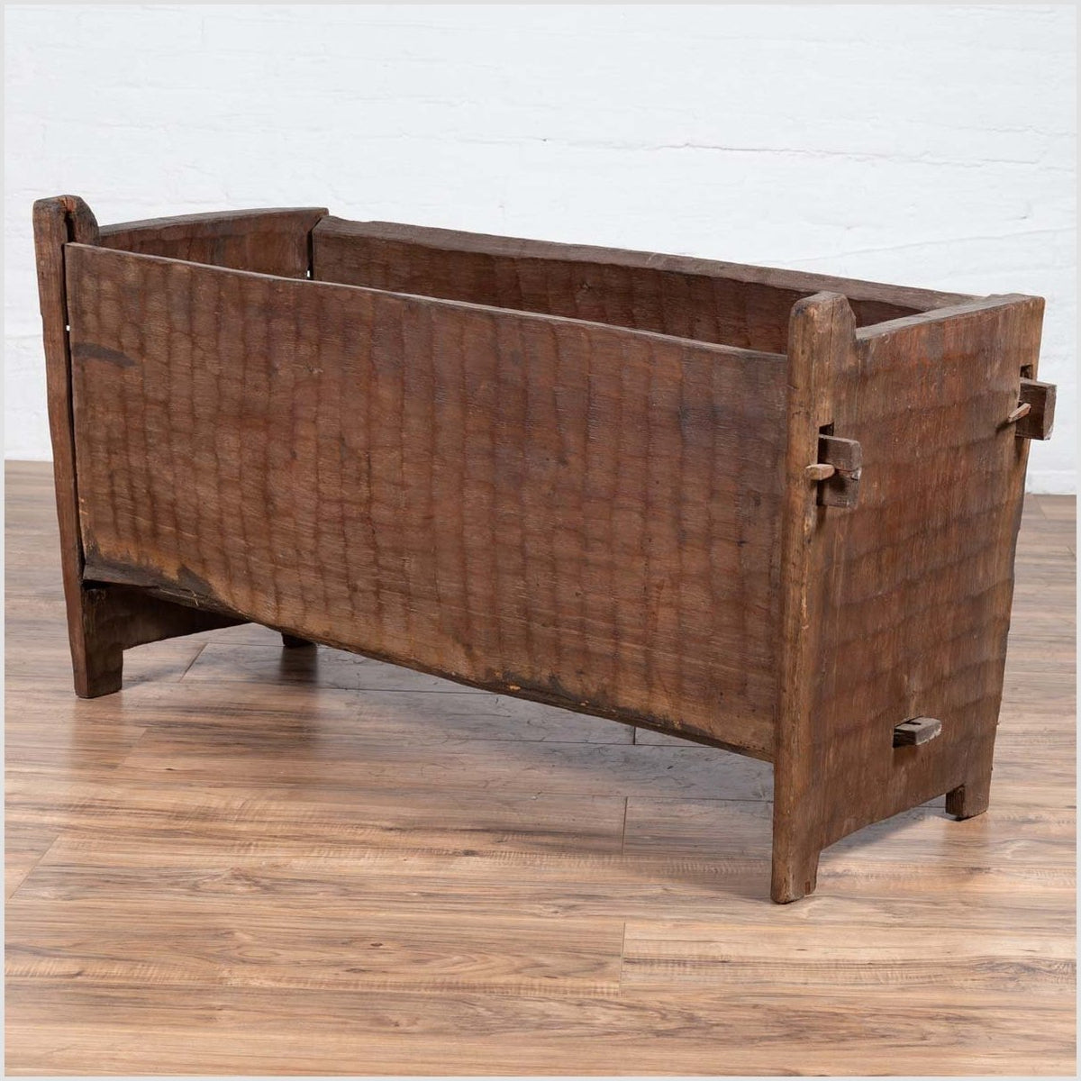Antique Indian Rustic Wooden Planter Box with Weathered Patina and Chiseled Body-10. Asian & Chinese Furniture, Art, Antiques, Vintage Home Décor for sale at FEA Home