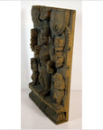 Brown sheesham wood carving with multiple figures in traditional attire, angled view.