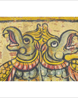 Colorful painting of two crowned bird-like creatures, inspired by antique Indian wood shrine, close-up view.