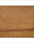 Brown unfinished antique Indian wood shrine with visible grain and a horizontal dark streak, close-up view.