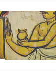 Painted figure holding small pot beside antique Indian wood shrine, New Delhi origin, close-up view.