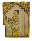 Brown wood Indian shrine with hand-painted doors, yellow arch, and a man in traditional attire holding a pot.