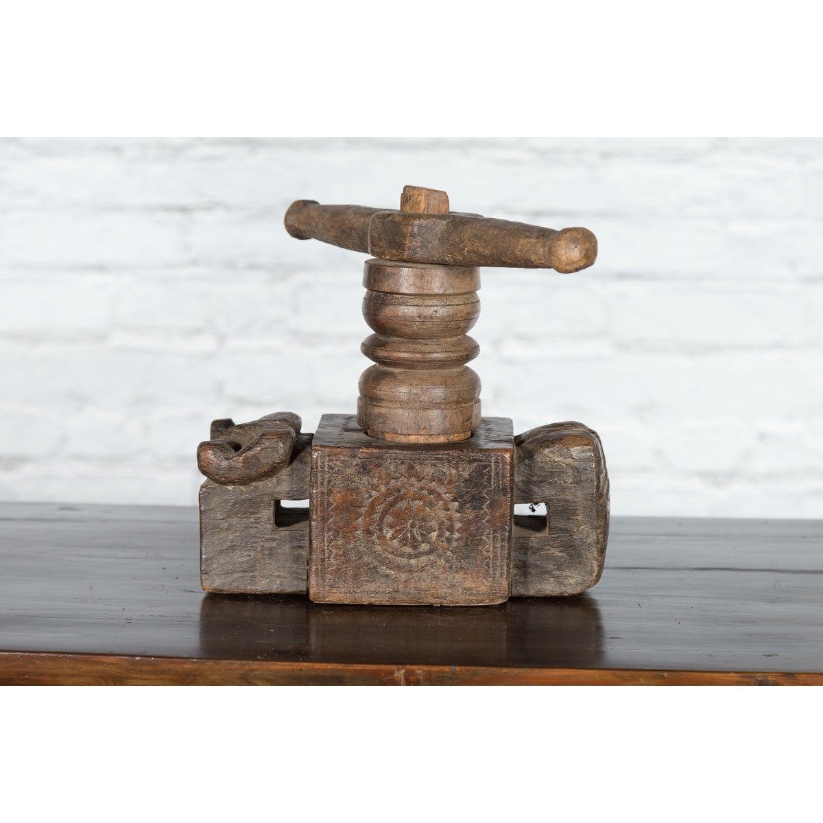 Indian Wooden Noodle Grinder with Rams-2. Asian & Chinese Furniture, Art, Antiques, Vintage Home Décor for sale at FEA Home