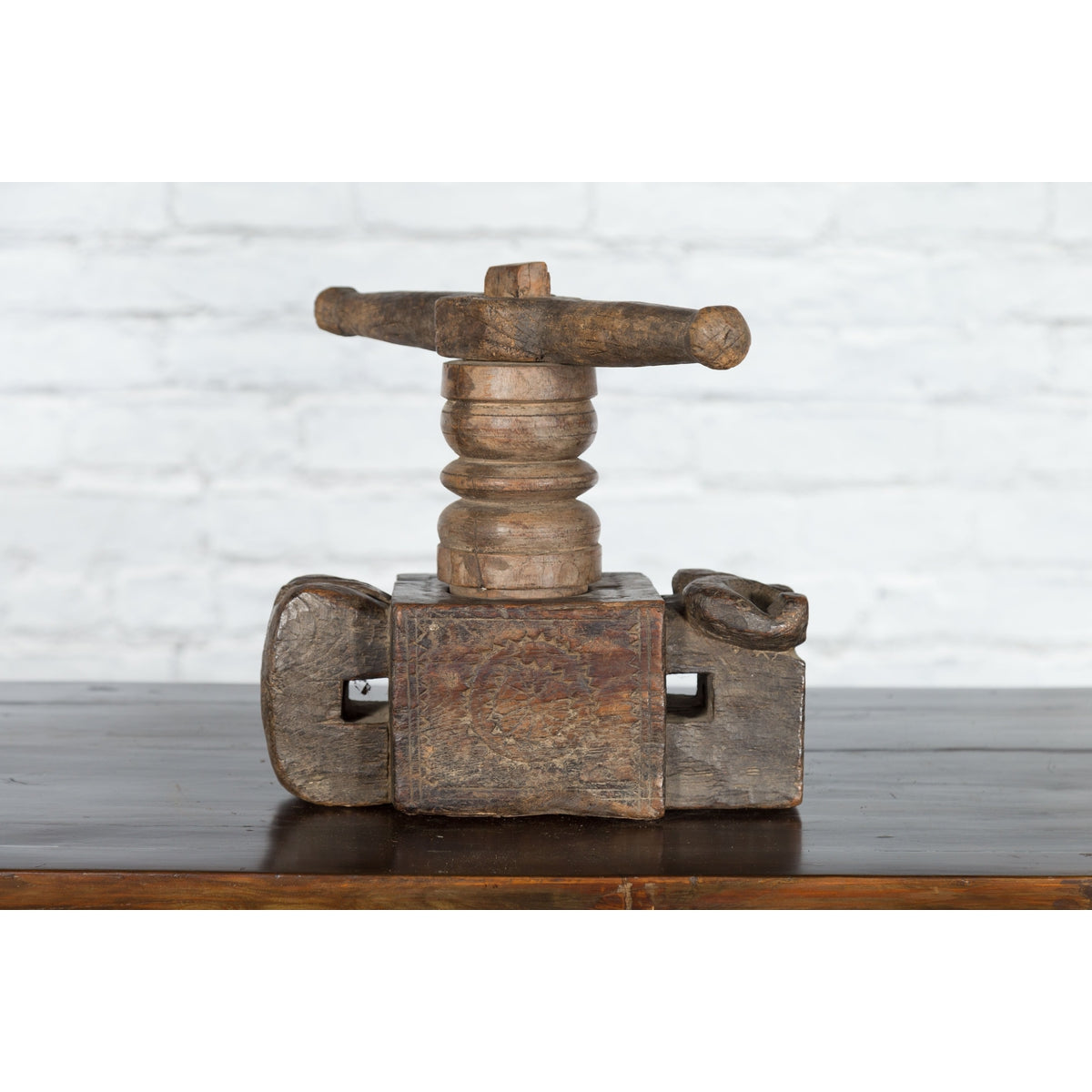 Indian Wooden Noodle Grinder with Rams-5. Asian & Chinese Furniture, Art, Antiques, Vintage Home Décor for sale at FEA Home