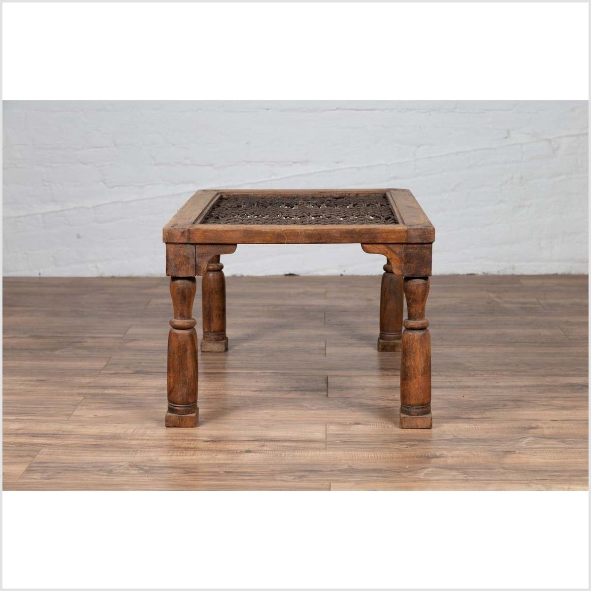 Antique Indian Wooden Side Table with Window Grate and Turned Baluster Legs-11. Asian & Chinese Furniture, Art, Antiques, Vintage Home Décor for sale at FEA Home