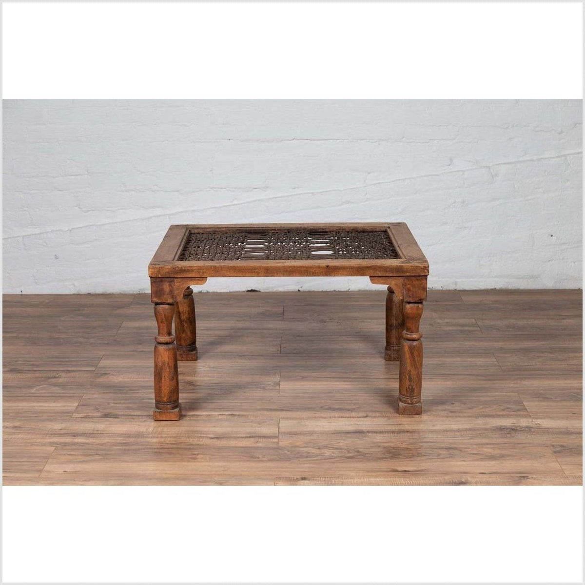 Antique Indian Wooden Side Table with Window Grate and Turned Baluster Legs-4. Asian & Chinese Furniture, Art, Antiques, Vintage Home Décor for sale at FEA Home