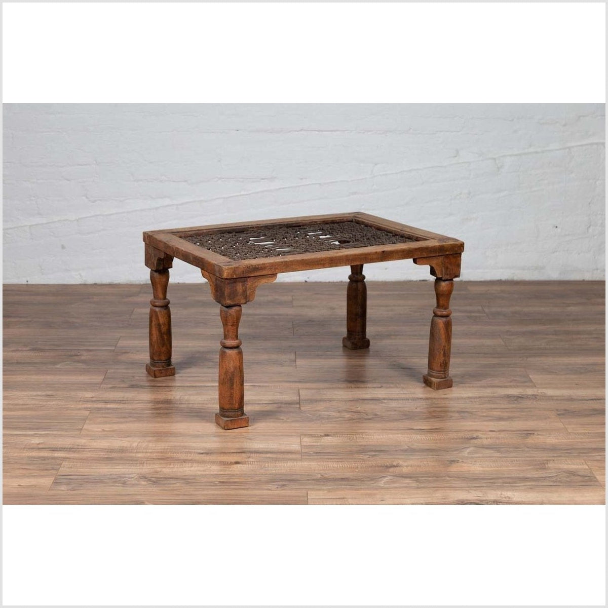 Antique Indian Wooden Side Table with Window Grate and Turned Baluster Legs-8. Asian & Chinese Furniture, Art, Antiques, Vintage Home Décor for sale at FEA Home