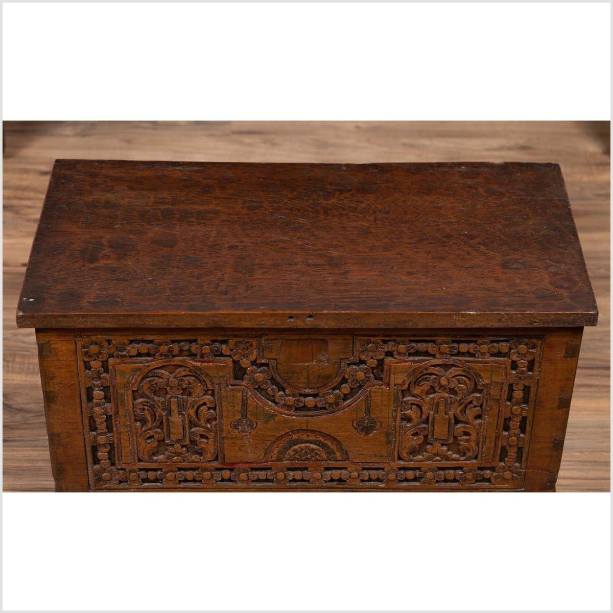 Antique Indonesian Decorative Wooden Box with Carved Flowers and Architecture-11. Asian & Chinese Furniture, Art, Antiques, Vintage Home Décor for sale at FEA Home