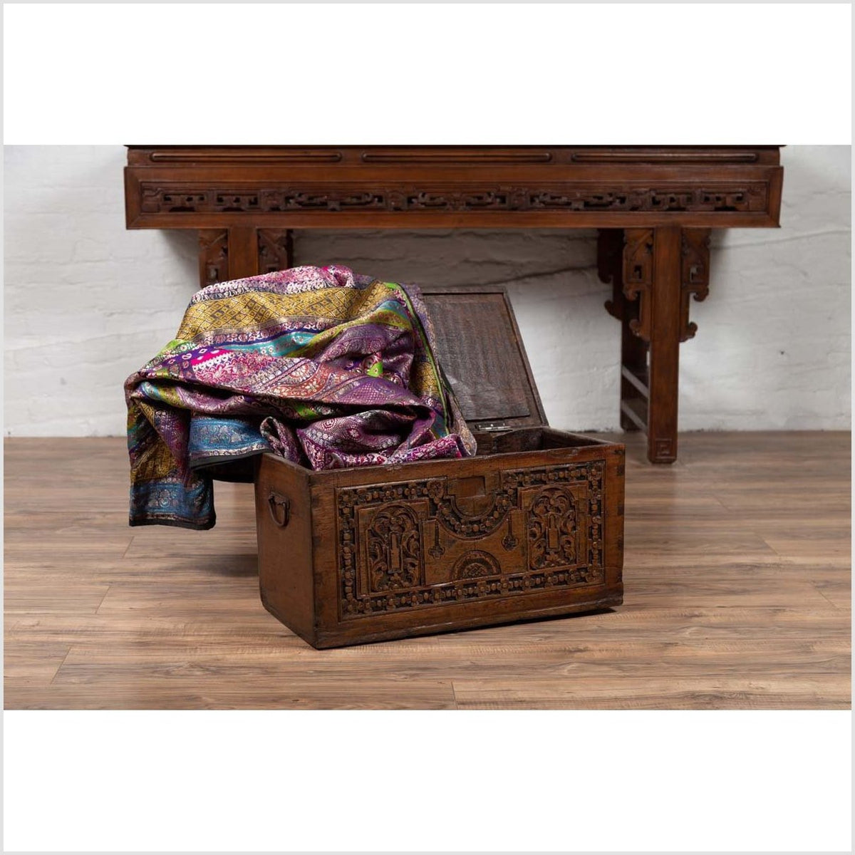 Antique Indonesian Decorative Wooden Box with Carved Flowers and Architecture-3. Asian & Chinese Furniture, Art, Antiques, Vintage Home Décor for sale at FEA Home